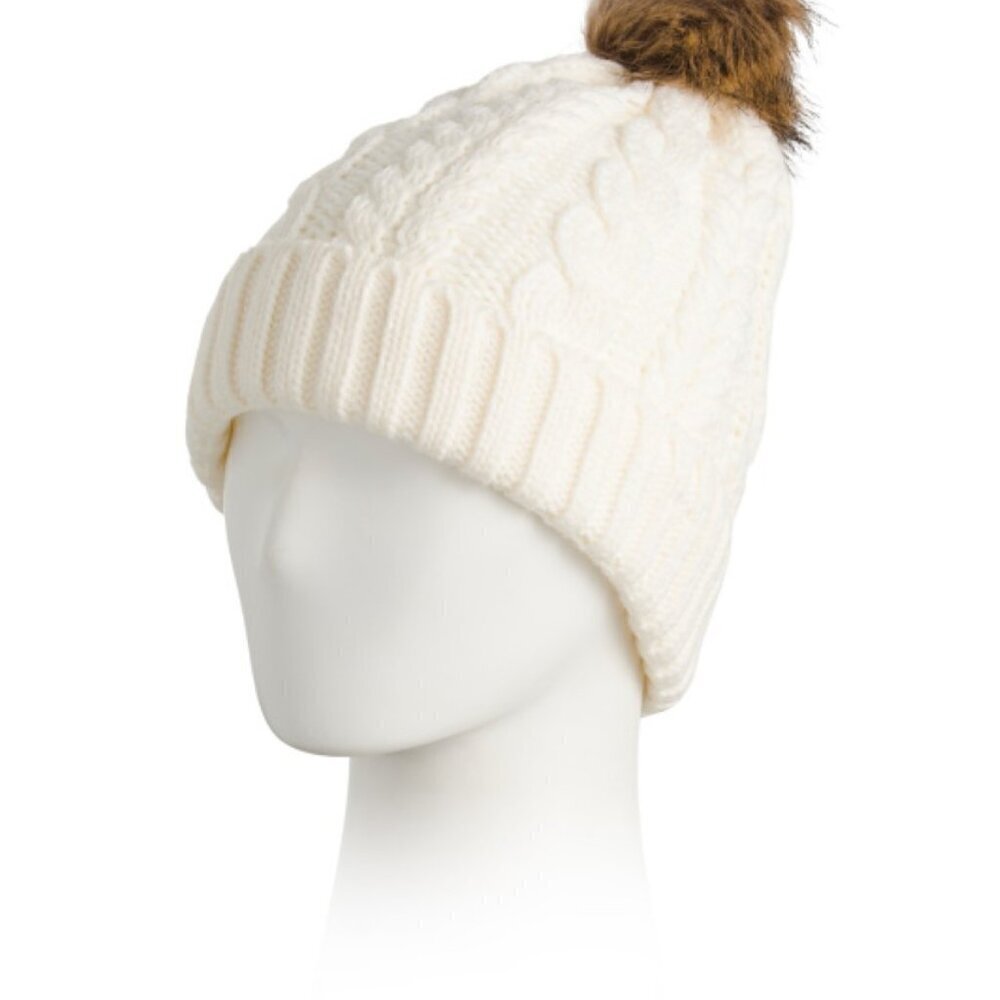 Timberland Womens Cream Fleece Lined Cable Knit Cuff Brim Hat With Pom Pom New